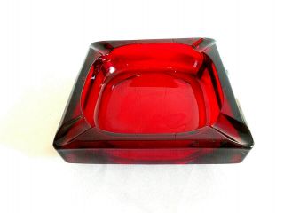 Lovely Vintage Mid Century Retro Ruby Red Heavy Glass Cigar Ashtray Square