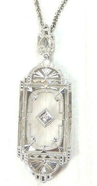 Antique Art Deco Vintage Diamond Sunray Crystal Necklace 14k White Gold 15 1/4 "