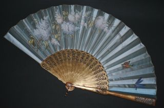 Large Antique Art Nouveau Hand Carved Gold Gilt Wood Painted Silk Butterfly Fan