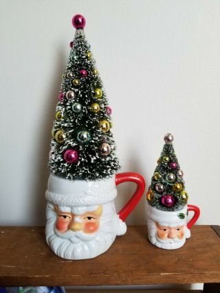 2 Vintage Ceramic Santa Mugs With Bottle Brush Trees 10 " And 5.  5 "