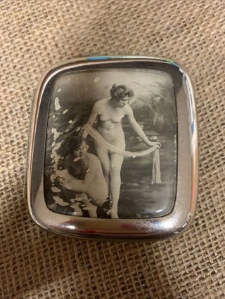Vintage Art Deco Cigarette Case.  2 Nude Ladies 3” X 3” Made In Germany