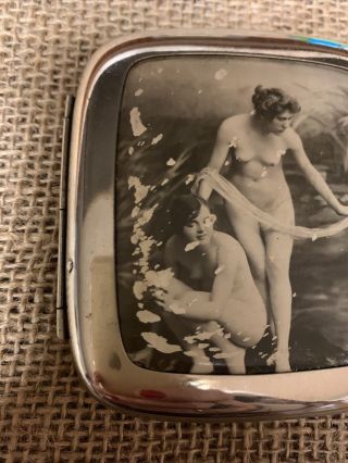 Vintage ART DECO Cigarette case.  2 NUDE LADIES 3” X 3” Made In Germany 2