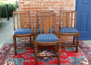 Set Of 4 English Antique Oak Art Deco Upholstered Chairs