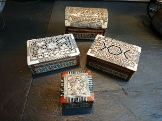 4 X Antique / Vintage Decorative Wooden Boxes Inc Shell Inlay,  Various Woods