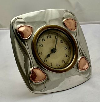 Very Fine Liberty & Co Tudric Pewter & Copper Desk Clock Archibald Knox 0482