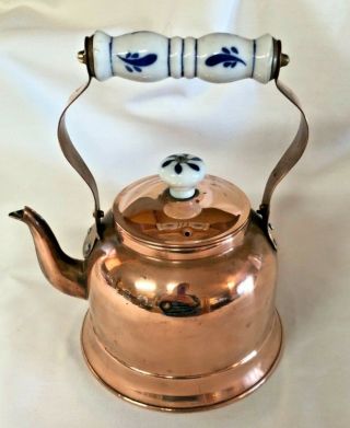 Vintage Copper Tea Kettle With Blue And White Porcelain Handles