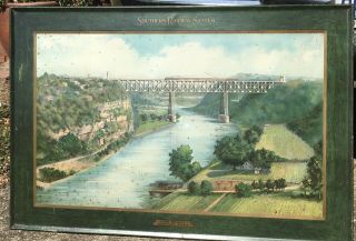 Antique Southern Railroad Kentucky River High Bridge Tin Litho Sign Self Framed