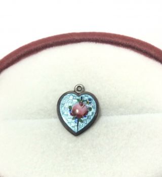 Vintage Tiny Sterling Silver Enamel Guilloche Heart Charm Bracelet Charm
