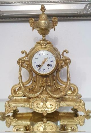 Lovely Antique French 1880 Embossed Gilt Bronze Bell Striking Mantle Clock