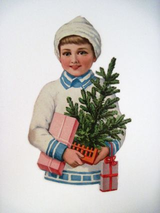 Vintage Sweet Christmas Die Cut W/ Girl Carrying Packages & Tree