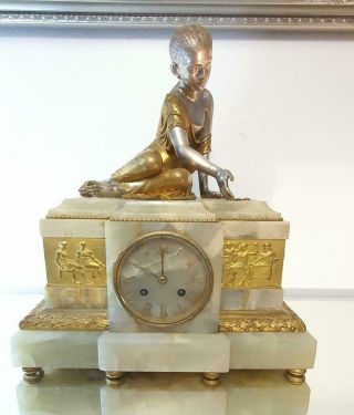 Quality French Antique Mantle Clock White Onyx Figural 8 Day Striking