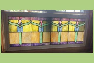 Antique Large Art Deco Leaded Stained Glass Window 52 " X 22 " 1920s