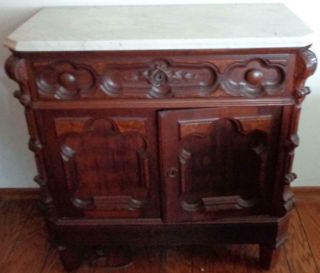 Victorian Era Solid Walnut Wash Stand - Marble Top - Carved Piece