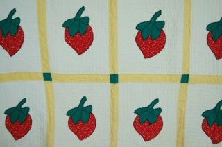 CHEERY 30 ' s Strawberry Applique Antique Quilt VINTAGE FABRICS 2