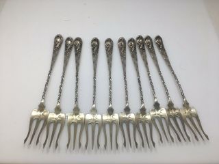 10 Antique Aesthetic Sterling Silver Whiting 28 Applied Shell Cocktail Forks