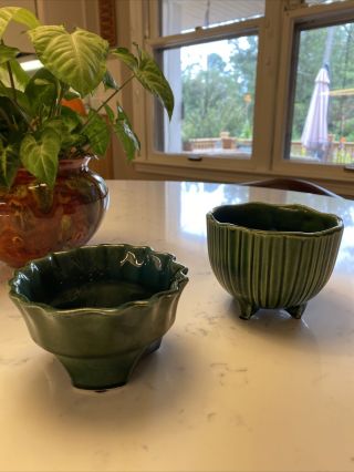 Set Of 2 Vintage Mid Century Modern Usa Pottery Bowl Planter Drip Glazed Stamped