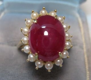 Big Blood Red Natural Ruby Elegant Antique 10k Gold Lustrous Seed Pearls Ring