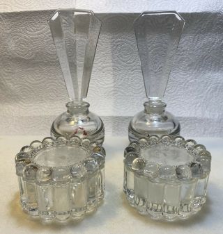 Vtg Glass Art Deco Vanity Dresser Set 2 Perfume Bottles 2 Trinket Jar Bead Edge