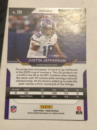 Justin Jefferson Prizm Silver NM.  Minnesota Vikings 2