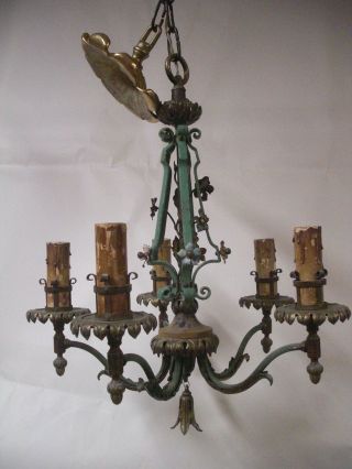 Lg Heavy Painted Antique Metal Brass Floral Gothic Toile Chandelier - European?