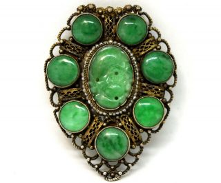 Antique Chinese Natural Hand Carved Jade And Sterling Silver Clip On Brooch/pin