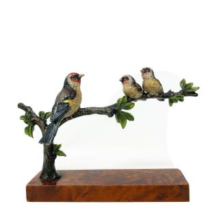 Antique Vienna Bronze Austria Franz Bergmann Cold Painted 3 Birds On Branch Tree