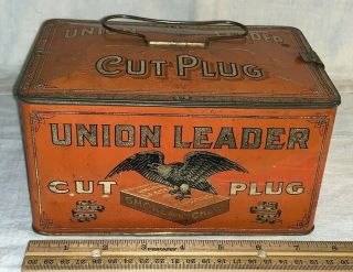 Antique Union Leader Cut Plug Tin Litho Tobacco Lunch Box Can Patriotic Eagle