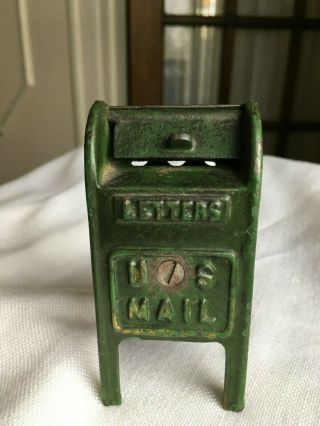Vintage Cast Iron Us Mail Box Coin Bank,  4 " Tall No.  1572 Dark Green