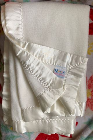 Vintage Quiltex Baby Blanket Soft & Fuzzy Nylon Satin Edge White Made In Usa
