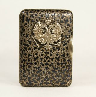 Antique Russian Imperial 84 Silver Niello Enamel Cigarette Case With Eagle
