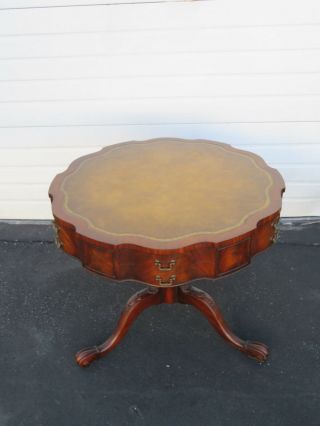 Flame Mahogany Serpentine Leather Top Round Center Side Table by Weiman 9268 2