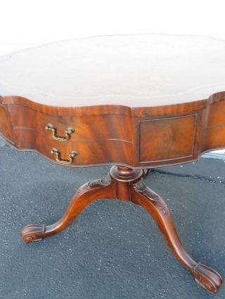 Flame Mahogany Serpentine Leather Top Round Center Side Table by Weiman 9268 6