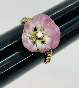 Antique Victorian 14k Yellow Gold Diamond Enamel Pansy Flower Ring Size 3.  75