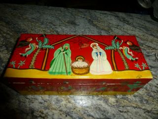 Vintage Hand Painted Nativity Box W Three Wise Men Ornaments