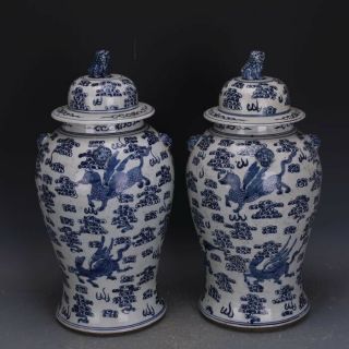 A Pair Chinese Antique Qing Dynasty Blue&white Porcelain Sea Monstegeneral Tank
