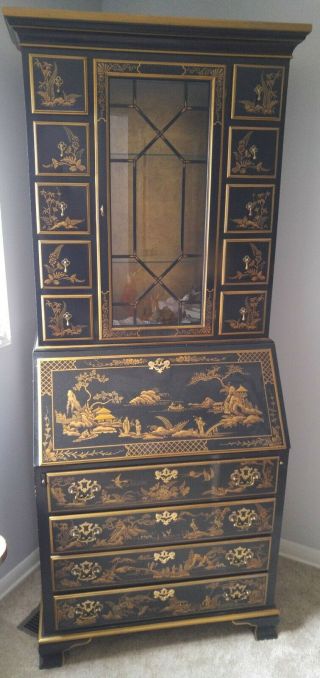Vintage Drexel Heritage Lacquer Hand Painted Chinoiserie Secretary Desk Hutch