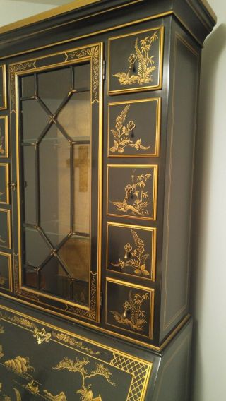 Vintage Drexel Heritage Lacquer Hand Painted Chinoiserie Secretary Desk Hutch 2