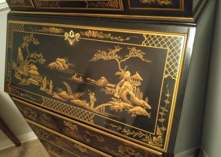 Vintage Drexel Heritage Lacquer Hand Painted Chinoiserie Secretary Desk Hutch 5