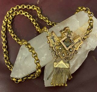 Antique Victorian 14k Gold Enamel Taille D’epargne Pearl Tassel Pendant Necklace