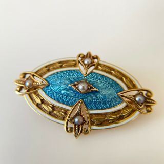 Antique 14k Yellow Gold Seed Pearl Blue Enamel Brooch Pin