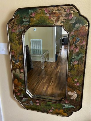 Antique Vintage Chinese Gold Lacquer Hand Painted Mirror - Floral & Birds