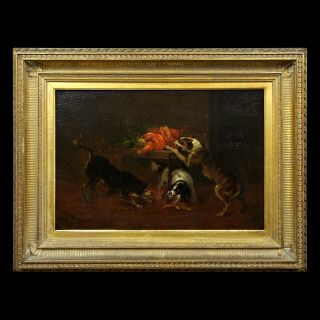 Antique 19th Century Oil Painting Of Dogs Stealing Meat Circle Of James Ward