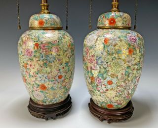 Antique Chinese Mille Fleur Porcelain Jars Fitted As Lamps