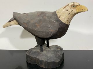 Vintage Primitive Painted Folk Art Carved Wooden Bald Eagle Bird Statue Figurine