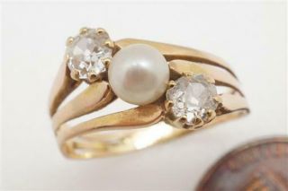 Antique English 18k Gold Old Cut Diamond & Pearl Trilogy Crossover Ring C1900