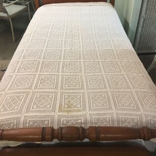 Vintage Hand Crocheted Coverlet 61” X 82” Tablecloth Bed Spread Squares Diamonds