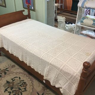 Vintage Hand Crocheted Coverlet 61” x 82” Tablecloth Bed Spread Squares Diamonds 2