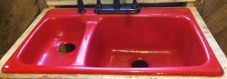 Red Enamel Vintage Kohler Cast Iron Kitchen Sink 2 - Basin 4 - Hole