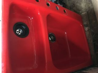 Red Enamel Vintage Kohler Cast Iron Kitchen Sink 2 - basin 4 - hole 2