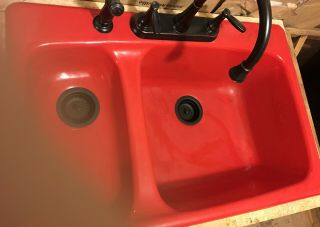 Red Enamel Vintage Kohler Cast Iron Kitchen Sink 2 - basin 4 - hole 3